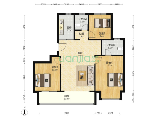 仁恒湖滨世纪 3室1厅2卫 127平方