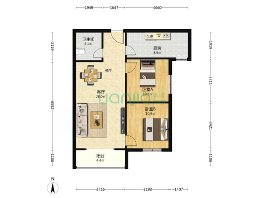 胡家庙铁路高层小区 2室1厅1卫 87平方