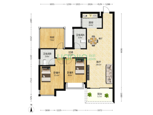 广汇名都 3室1厅2卫 95平方