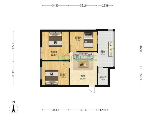 一二一大街51号 3室1厅1卫 59平方