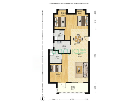 北辰金地漾时代 3室1厅2卫 107平方
