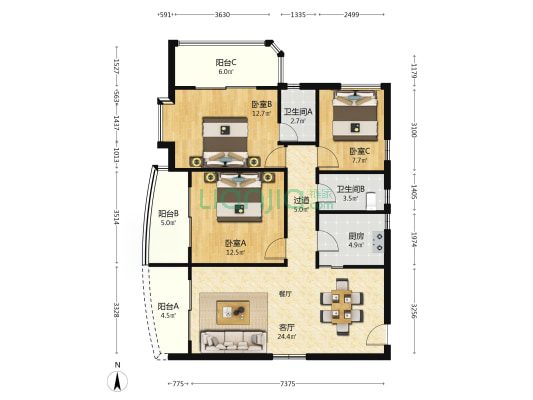 翔景苑 3室1厅2卫 102平方