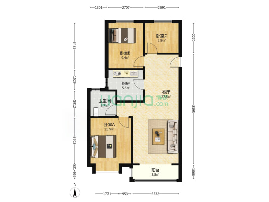 融创御景宸院 3室1厅1卫 97平方