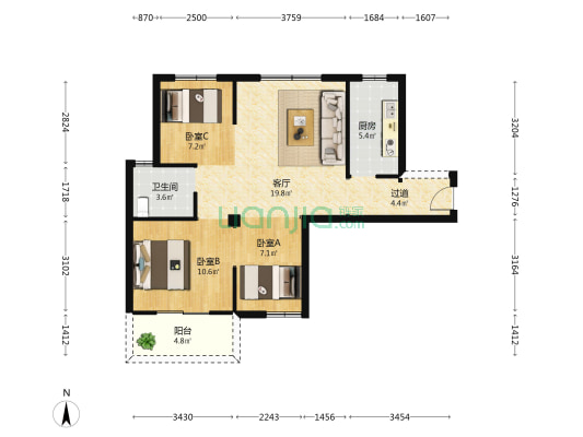 万福广场 3室1厅1卫 87平方