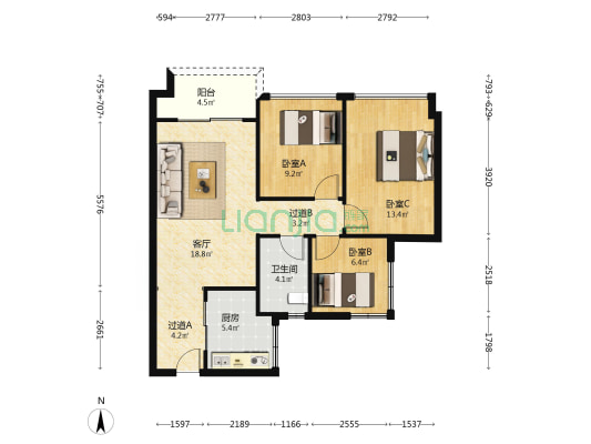 美的云悦江山东园 3室1厅1卫 83平方