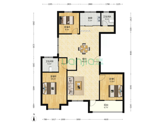 天晨嘉园 3室1厅2卫 148平方