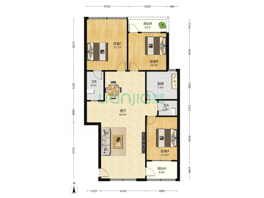 海口市人民医院海甸宿舍区 3室1厅2卫 110平方