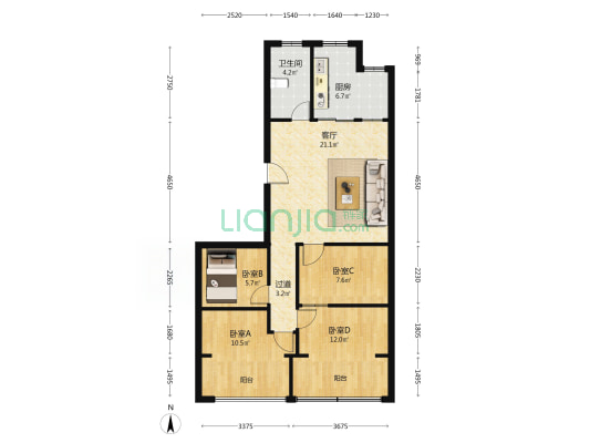 君子兰花园 4室1厅1卫 90平方