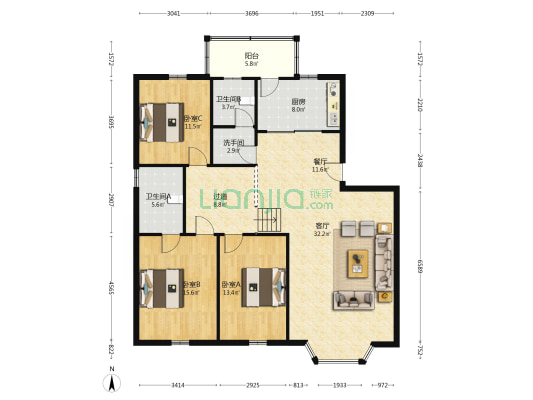 新世纪小区 3室2厅3卫 143平方