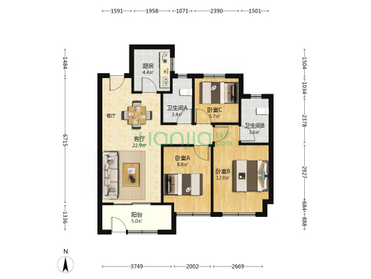 润禾府 3室1厅2卫 89平方
