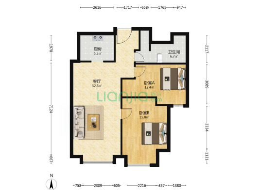 裕景中心 2室1厅1卫 111平方