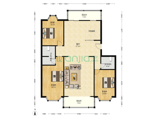 名人国际 3室2厅2卫 173平方