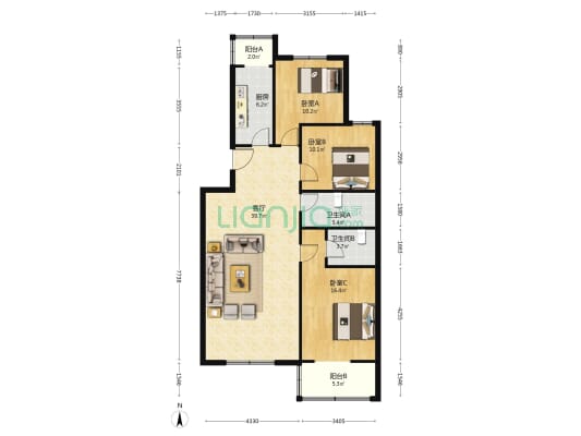 亿合家园 3室1厅2卫 121平方