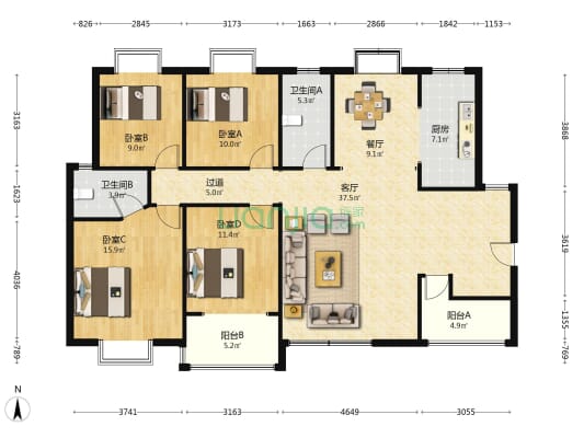 西湖丽景 4室2厅2卫 148平方