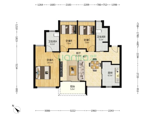 润曦府 3室1厅2卫 89平方