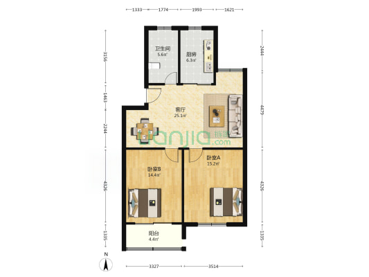 美陆佳园桦苑 2室1厅1卫 87平方