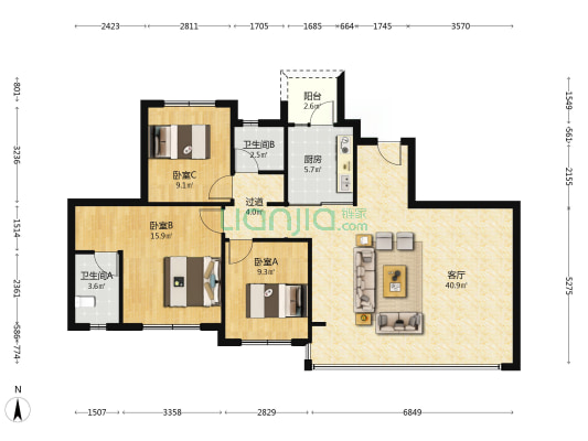 邦泰云璟 3室1厅2卫 113平方