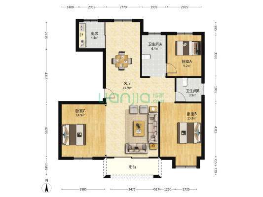 恬庄花苑 3室1厅2卫 135平方