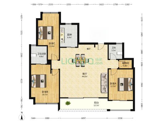 开元万科滨河道 3室1厅2卫 143平方