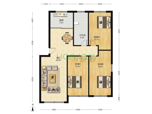 南山花苑 3室1厅1卫 129平方