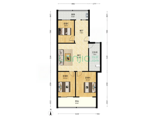 新成花园 3室2厅1卫 105平方