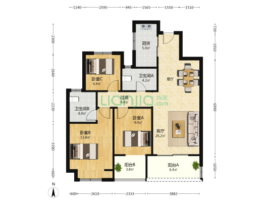 昆明安宁吾悦广场 3室1厅2卫 114平方