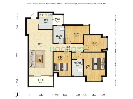 旭辉金科春夏里 4室1厅2卫 119平方
