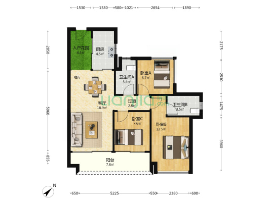卓越旭辉江屿海 3室1厅2卫 89平方