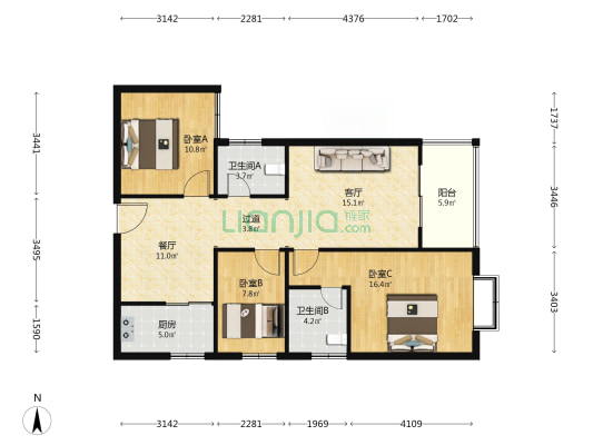 拓东大成卉熙园 3室2厅2卫 108平方