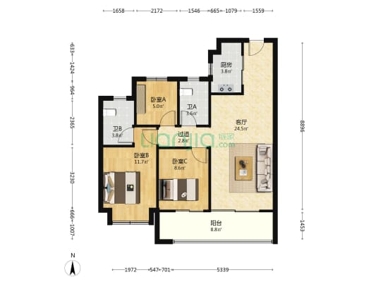 中海富华里 3室1厅2卫 98平方