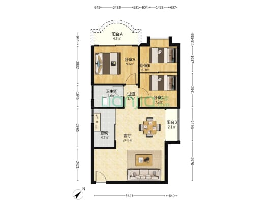 园博绿苑 3室1厅1卫 83平方