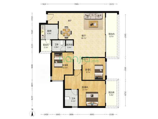 远达天荟云庭 3室1厅3卫 136平方