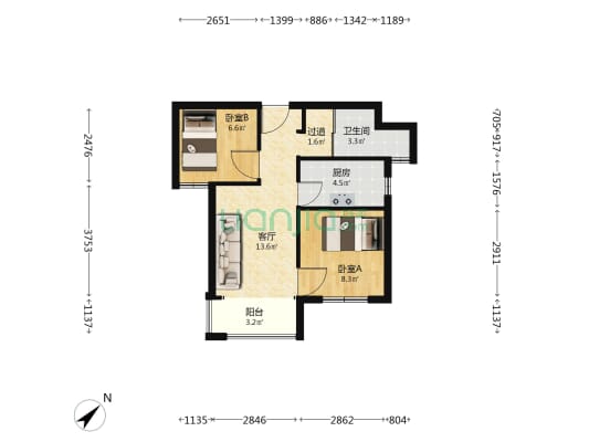 中铁水映加州公寓 2室1厅1卫 65平方