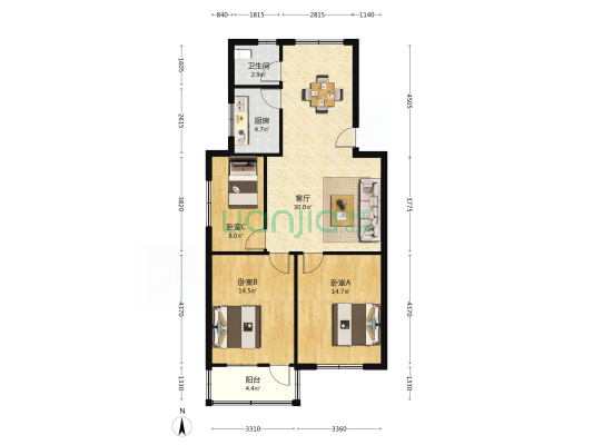 边防大队宿舍 3室1厅1卫 96平方