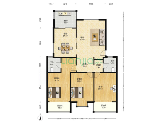 恒发公寓 3室2厅2卫 152平方