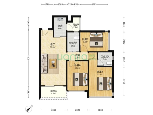 鸿荣源博誉府 3室1厅2卫 96平方
