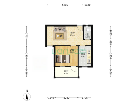 琴断口街三新村 1室1厅1卫 43平方