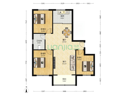 金鼎东柳湾 3室2厅1卫 125平方