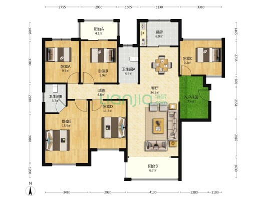 滨江国际城 5室1厅2卫 142平方