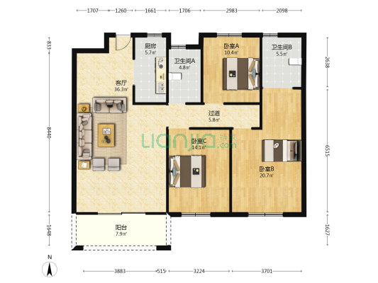 绿源公馆 3室1厅2卫 138平方