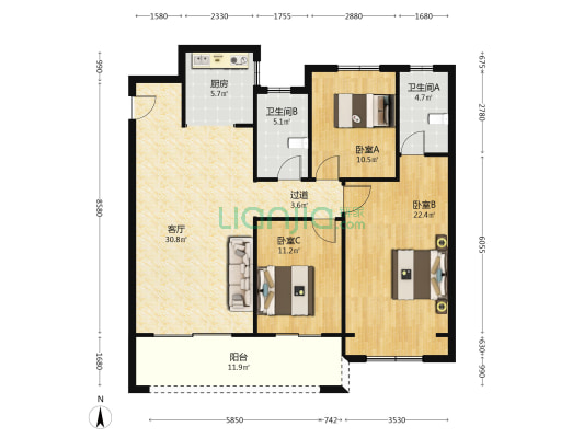 恒达东城花园 3室1厅2卫 138平方