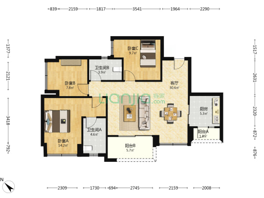 万科森林公园林晖 3室1厅2卫 99平方
