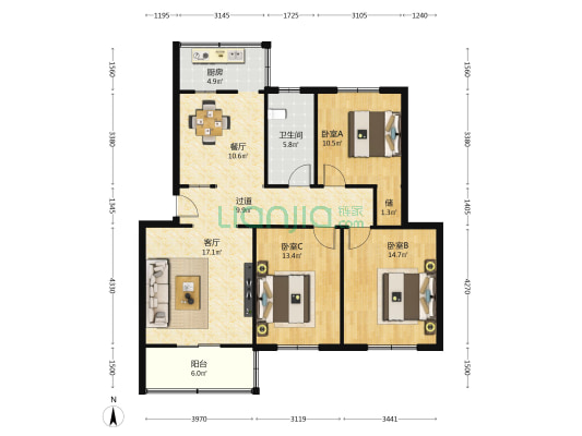 雁鸣小区 3室2厅1卫 113平方