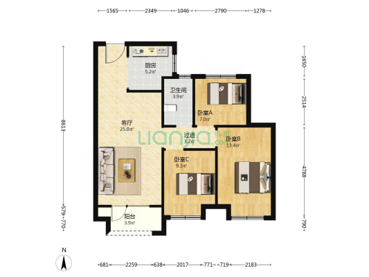 中铁世博城逸海南区 3室1厅1卫 96平方