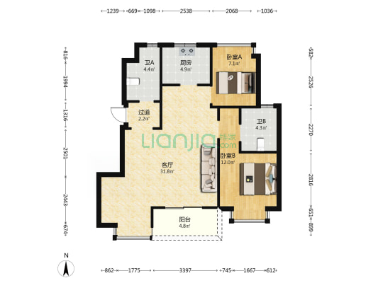 梁溪观邸 2室1厅2卫 91平方