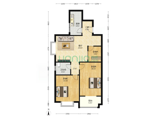 金蓝湾 3室1厅1卫 115平方