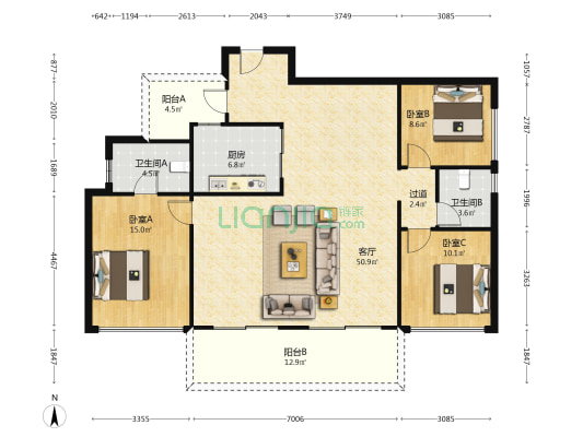 天恒傲云天府 3室1厅2卫 143平方