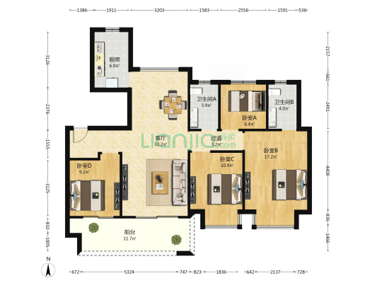 中海湖心半岛 4室1厅2卫 119平方