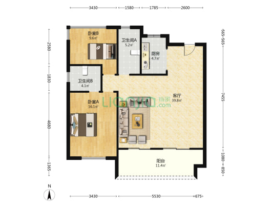 金地·都会四季 2室1厅2卫 114平方
