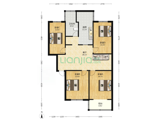 新世纪商住小区 4室1厅1卫 126平方